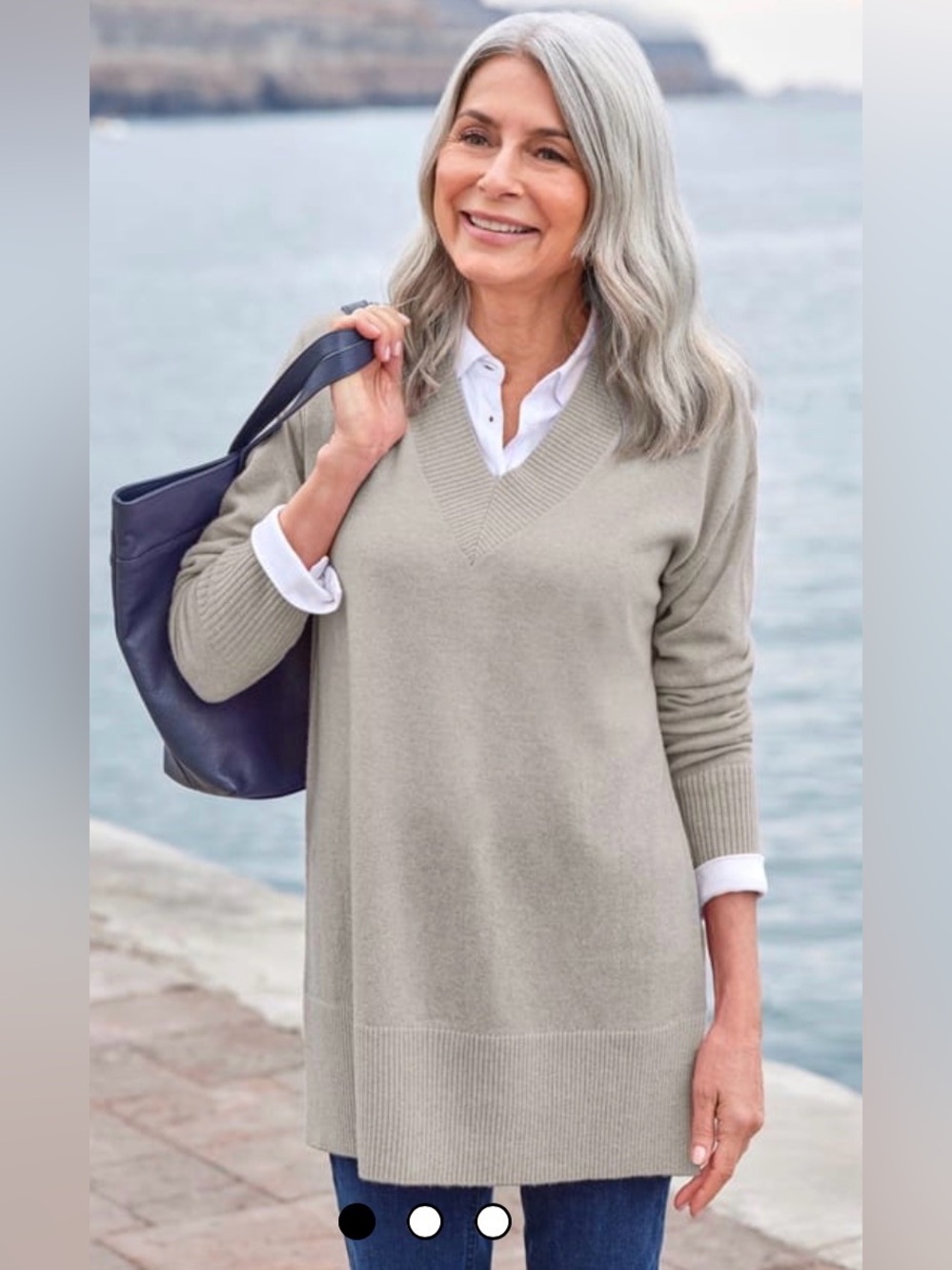 Classic V-Neck Longline Sweater in Light Taupe